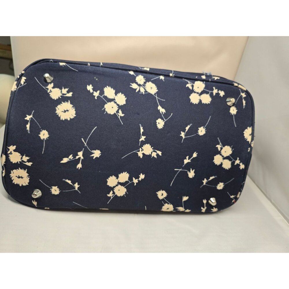 Chaps Navy Blue Floral Tote Bag With Brown Handles & Zipper Closure - Picture 8 of 16